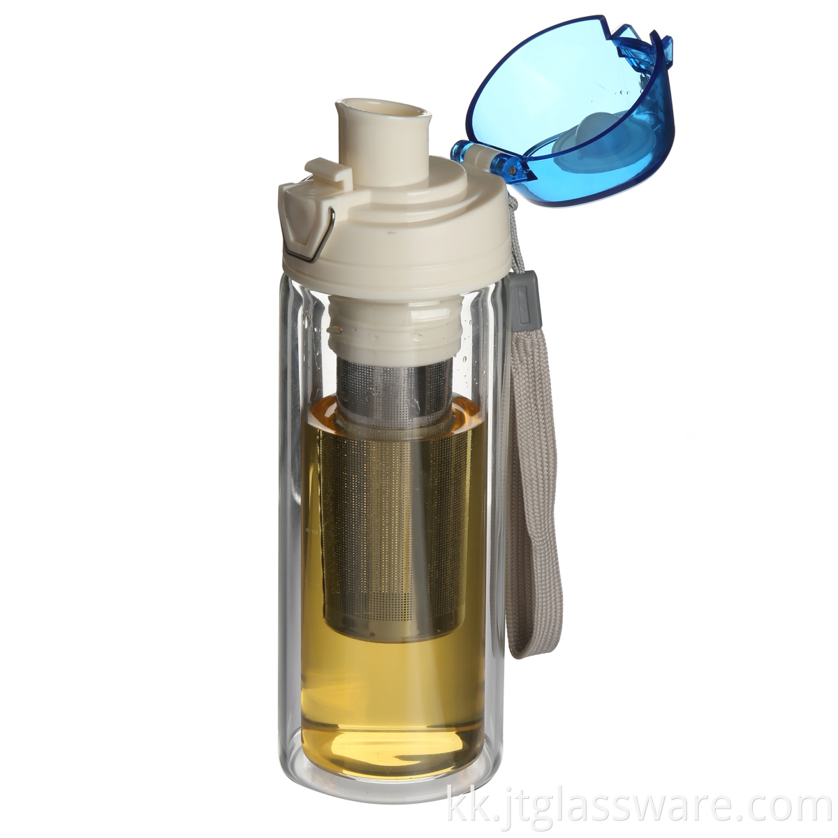 Glass bottle with lid and strainer